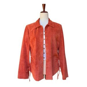 Vintage Suede Jacket Size L Rust Orange Ruched Sides 90s Button Retro Boho